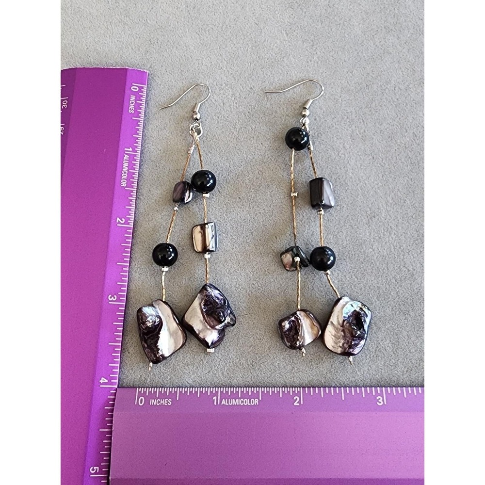 Abalone Shell Natural Chunk Dangle Earrings Mixed Metal Gold & Silver Tones - Picture 8 of 9